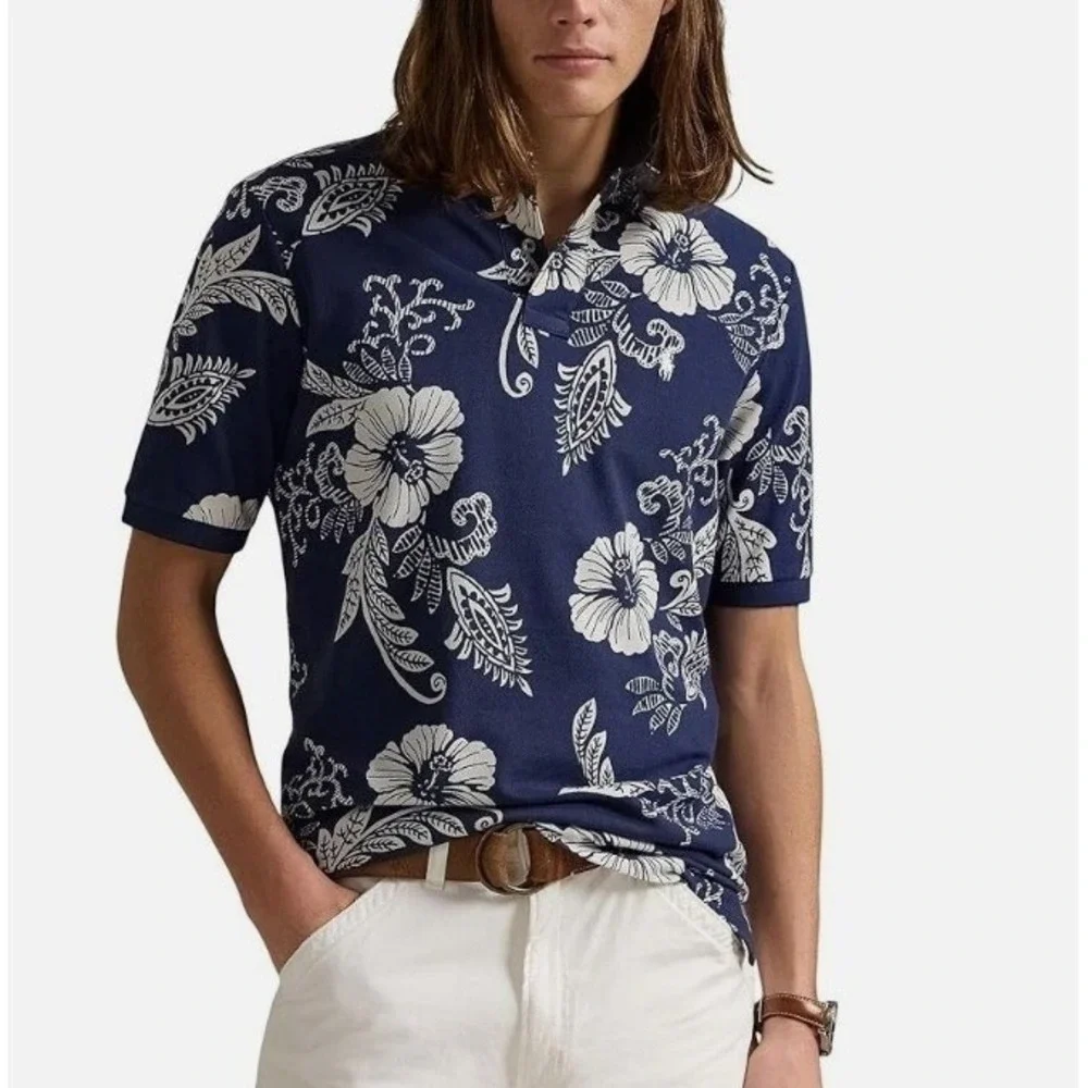 Polo Ralph Lauren Mens XLT Navy Blue Classic Fit Hibiscus Mesh Short Sleeve Polo